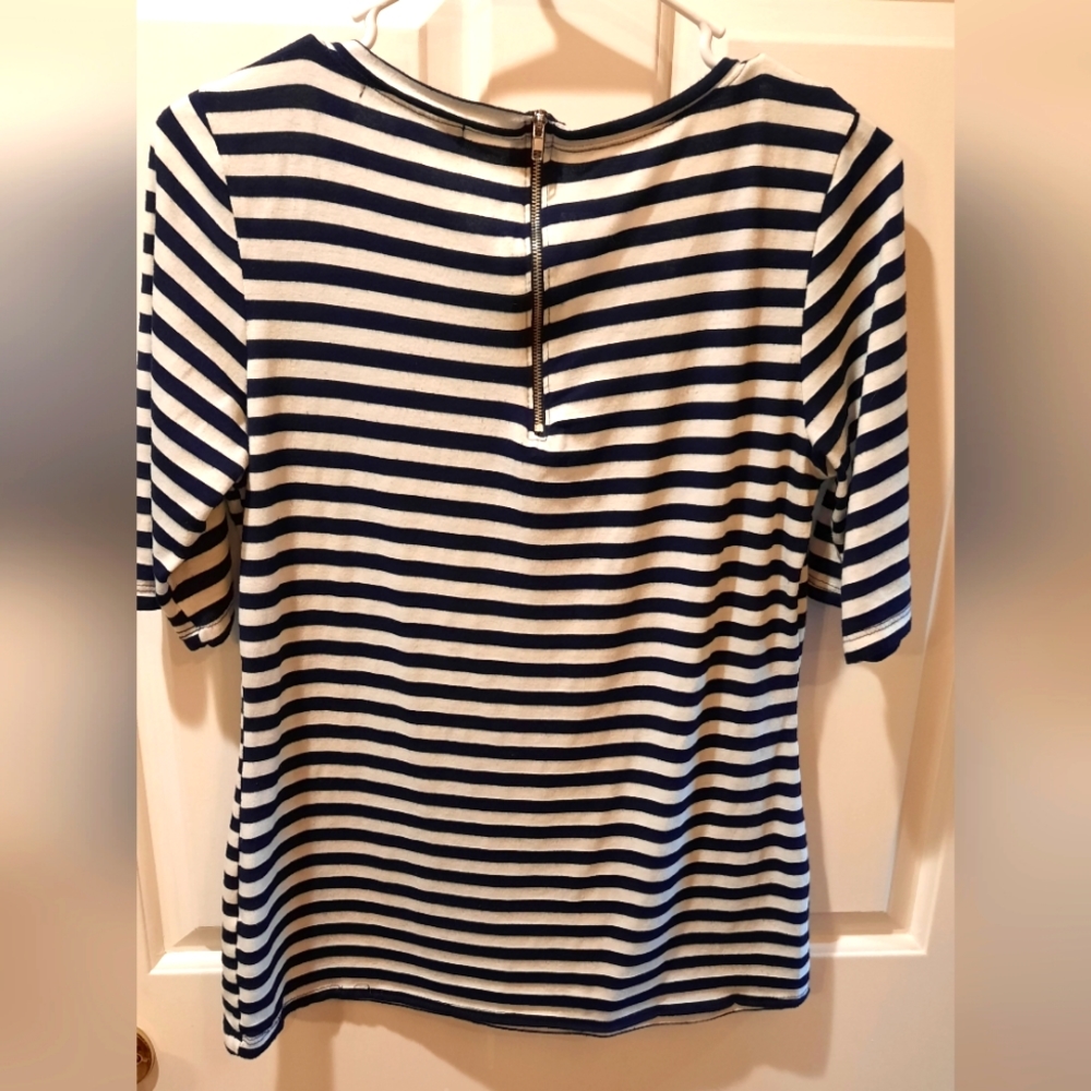 Green Envelope Shirt Womans Large Black White Stripes Back Zip Short Sleeve - Picture 5 of 8